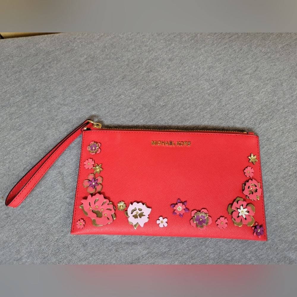 Michael Kors Red Floral Embossed Wristlet